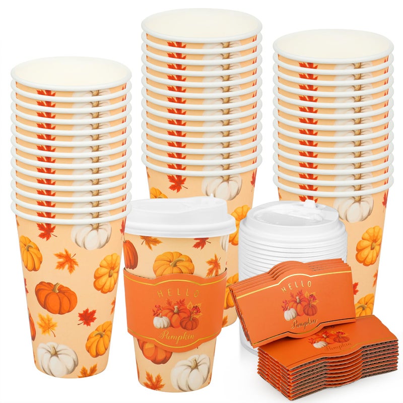 50 Pcs 16oz Fall Disposable Coffee Cups Pumpkin Maple Leaves Paper To Go Cups with Lids Sleeves Thanksgiving Harvest Beverage Hot Drinking Cups for Autumn Thanksgiving Hot Cold Drinks Supplies